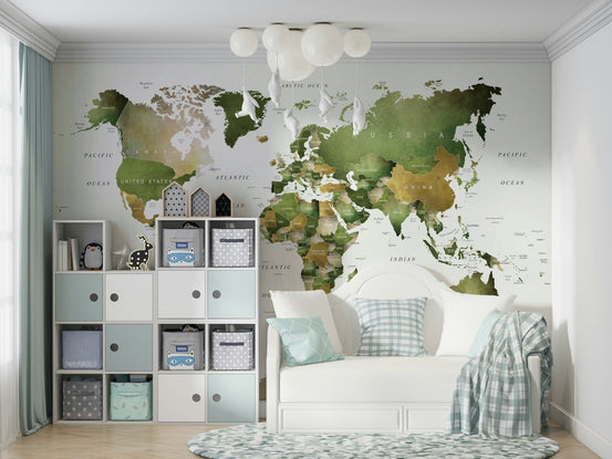 World map green wall mural for rooms GD446

