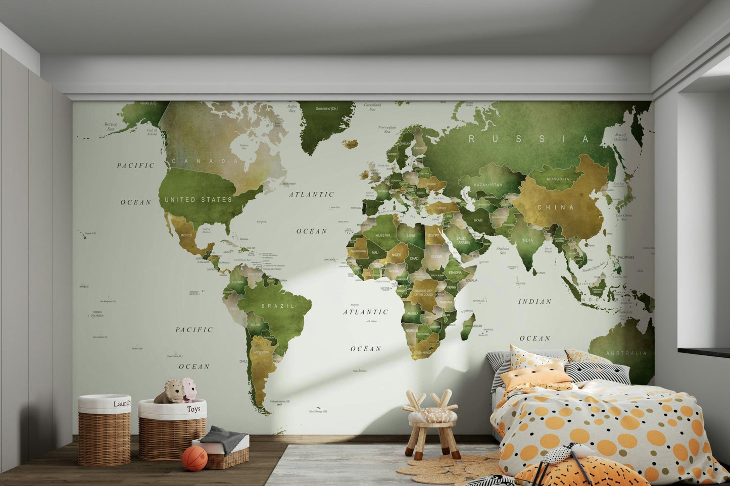 Green world map mural for modern interiors
