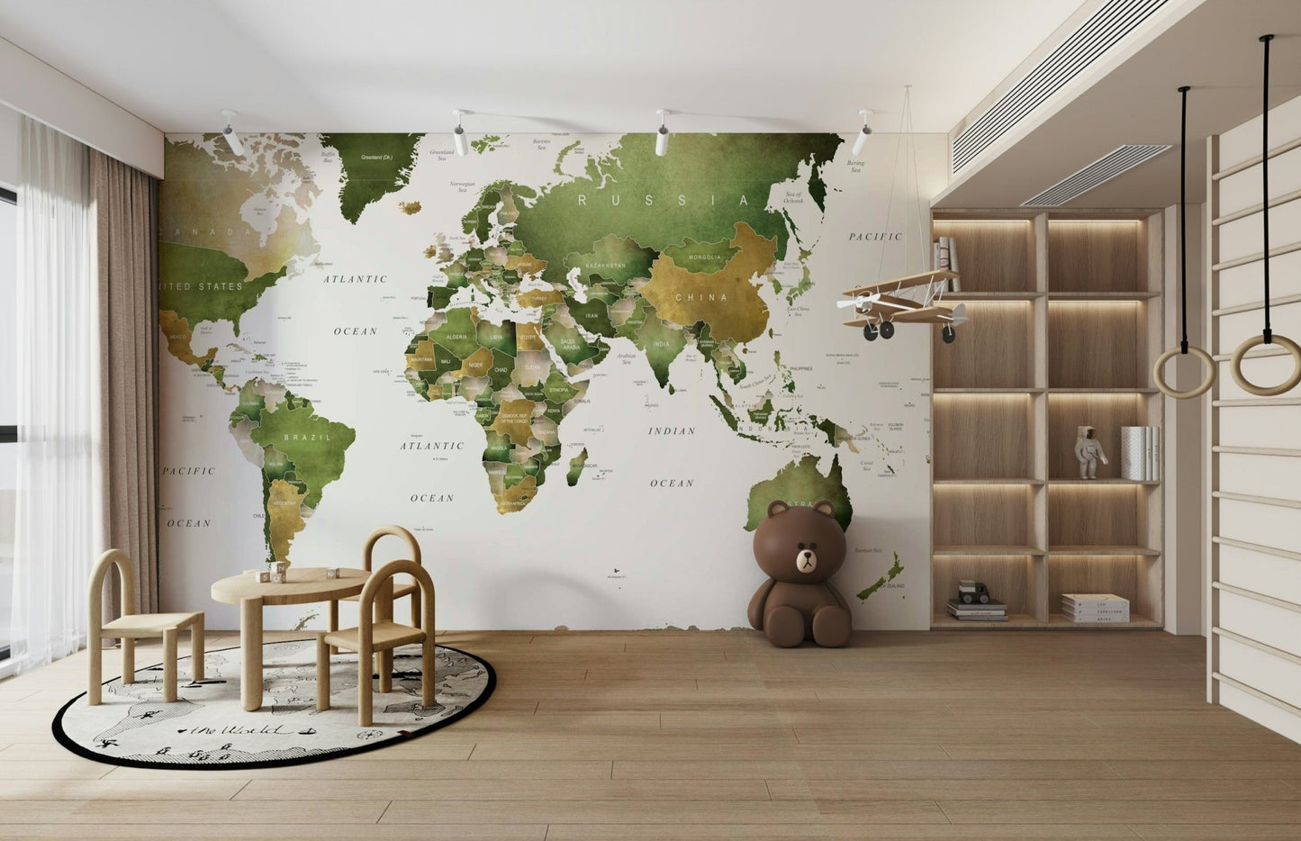 Green-themed world map wall mural design

