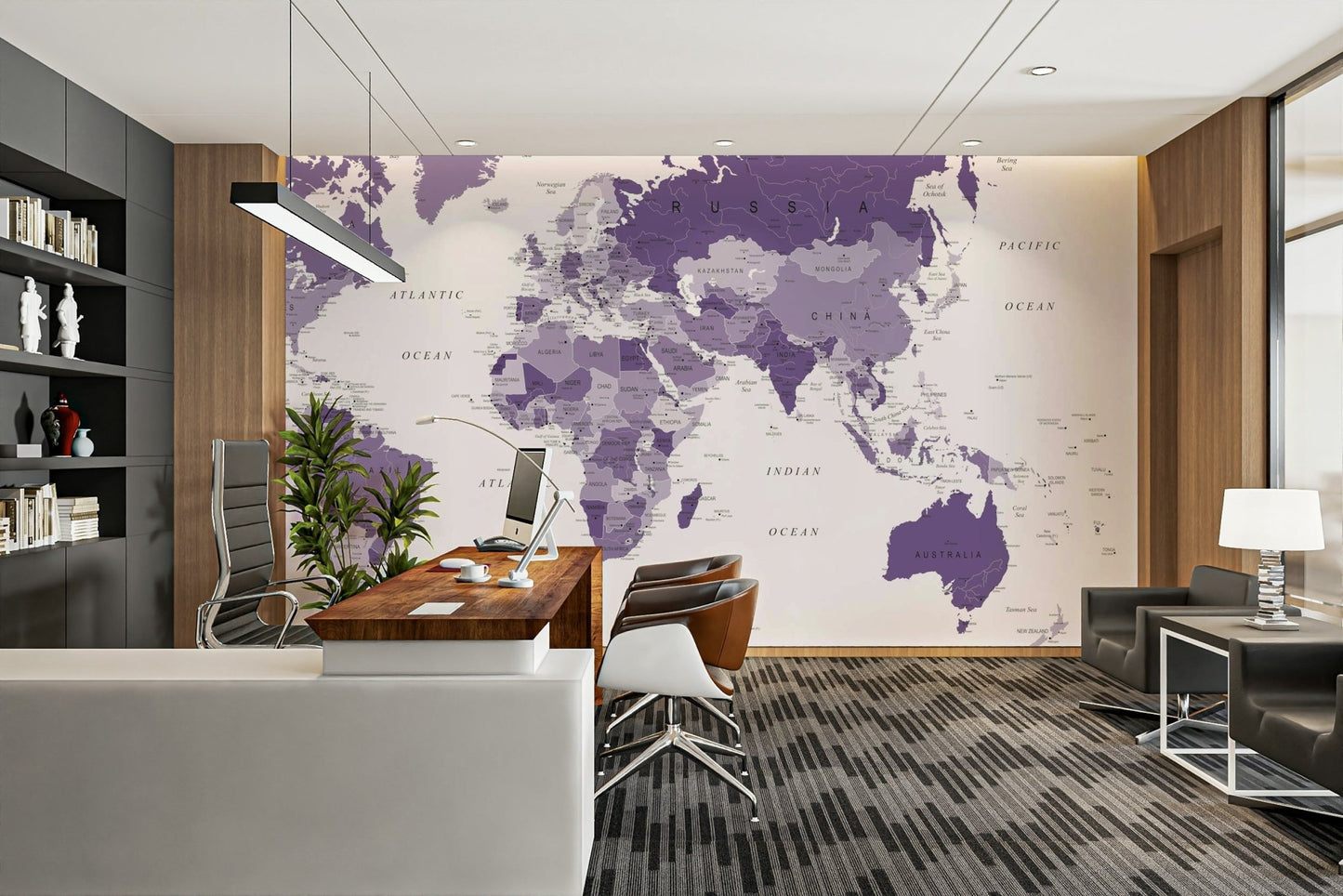 Vibrant purple world map wall art mural
