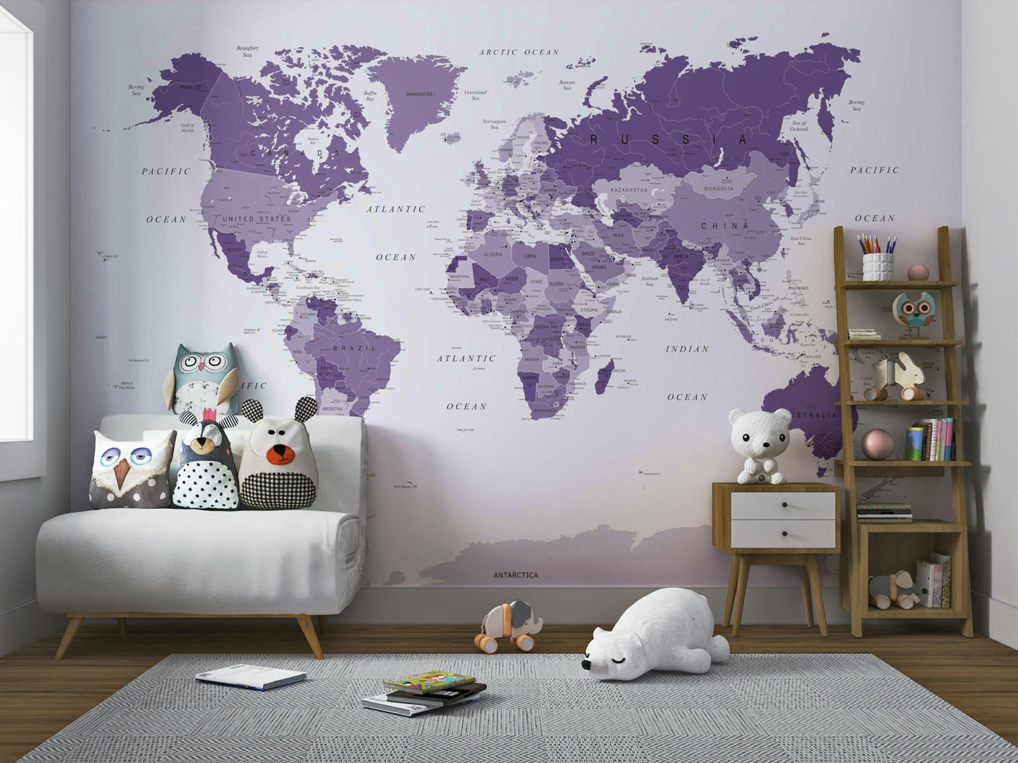Purple world map mural for home walls
