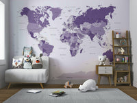 Purple world map mural for home walls