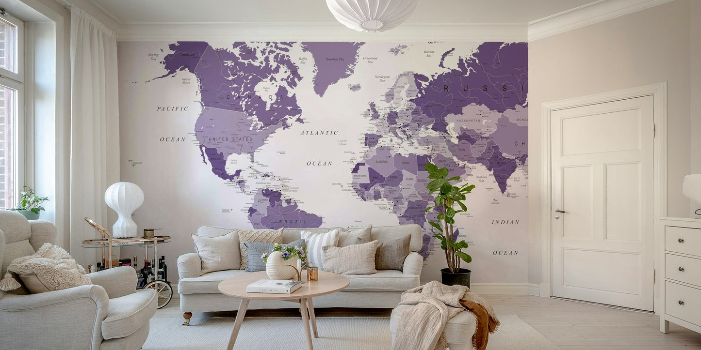 Artistic world map in purple hues mural