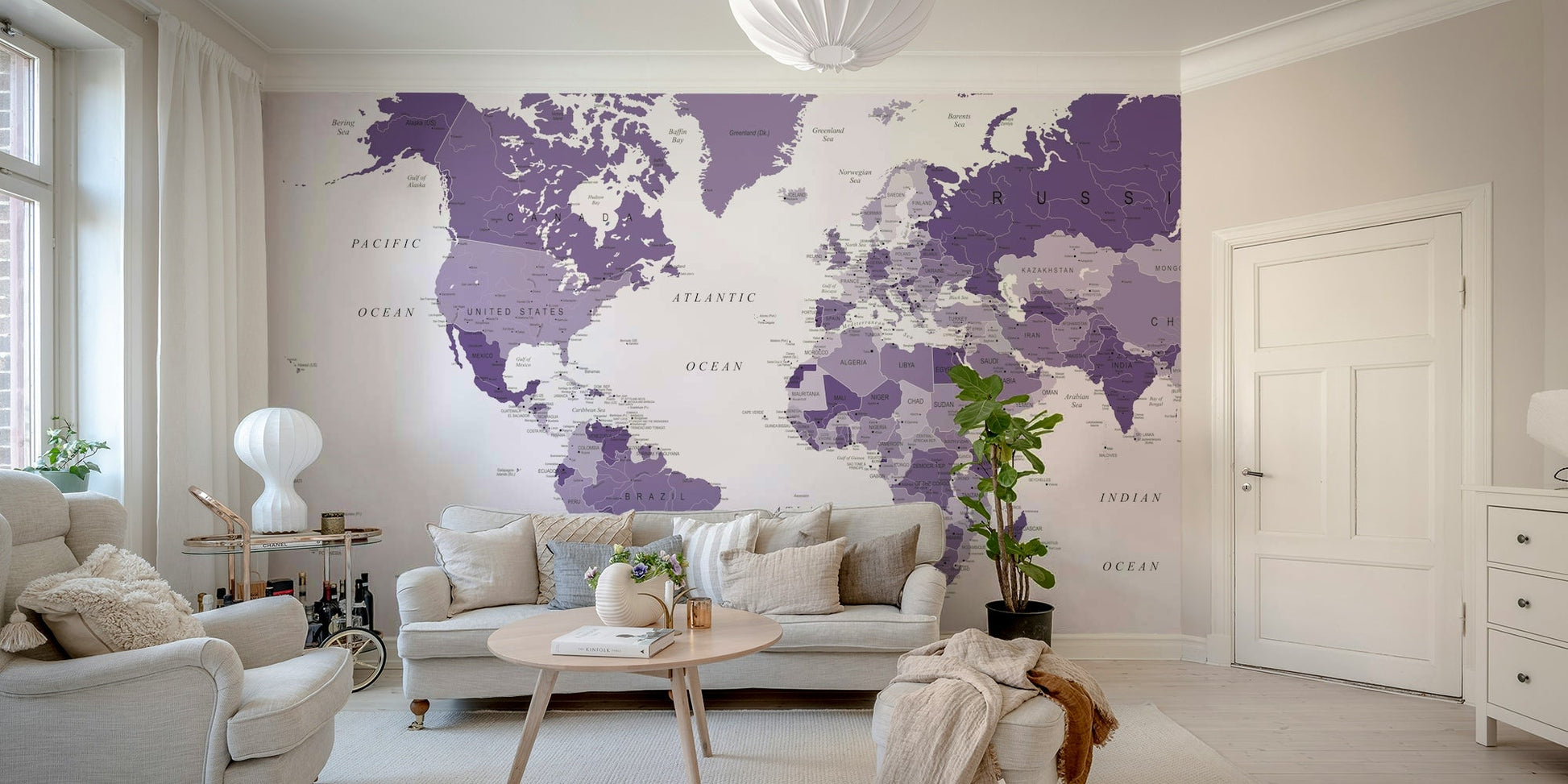 Artistic world map in purple hues mural