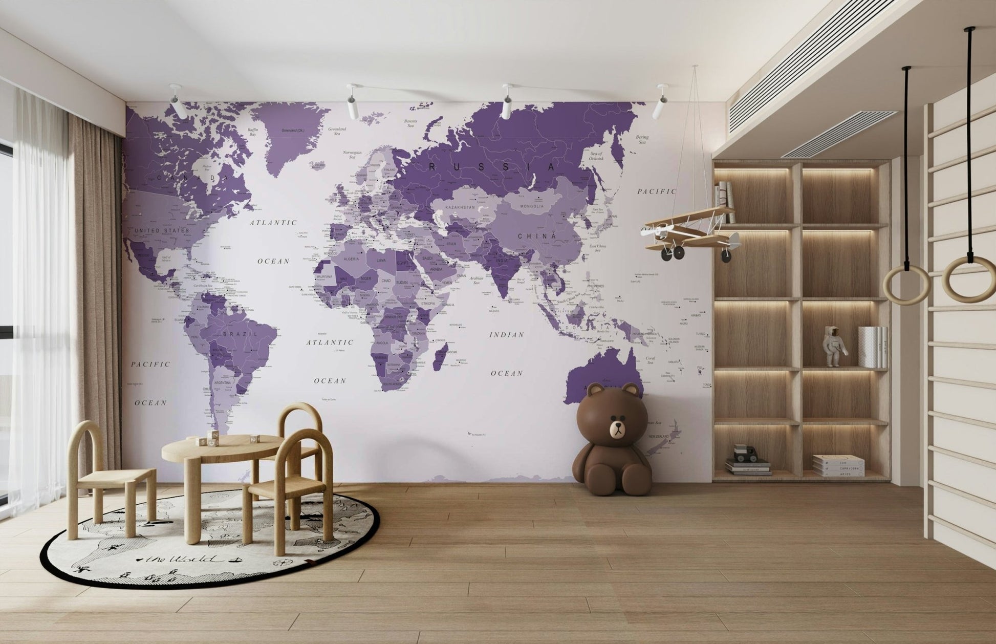 Stunning purple-toned world map mural