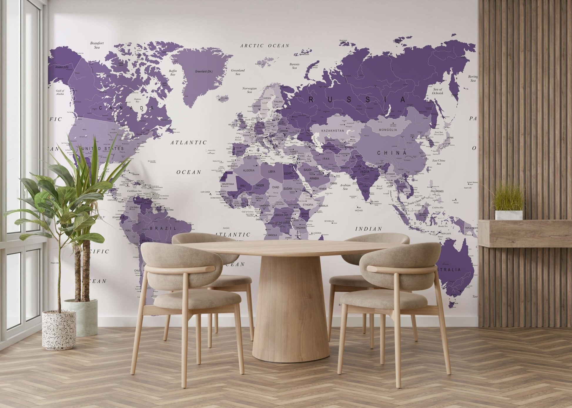 Elegant purple world map wall decor


