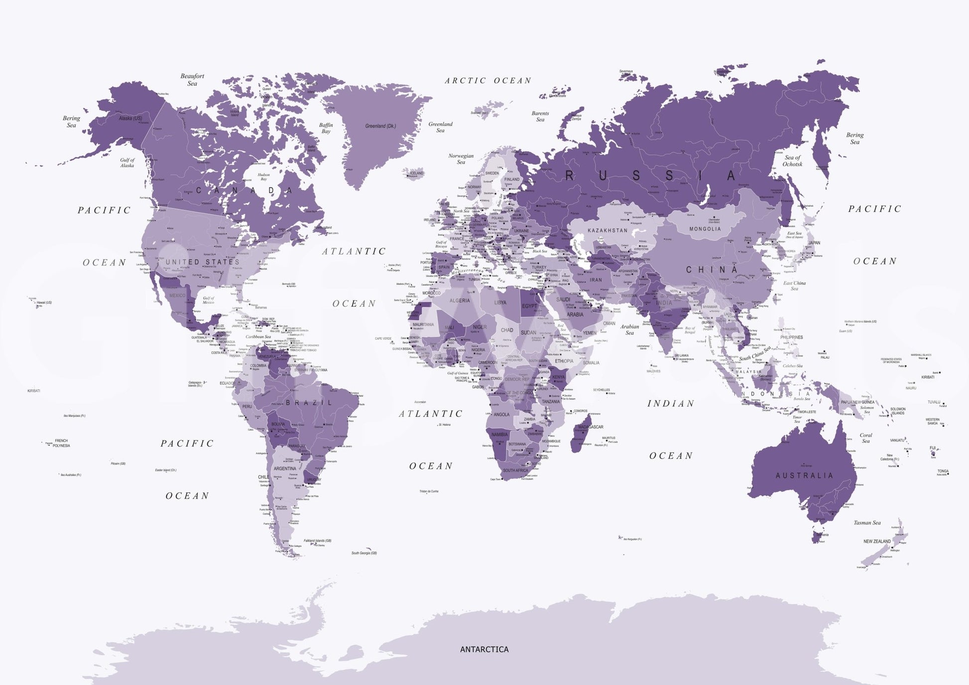 World map wall mural in purple style