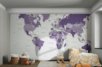 Purple world map wall mural for decor