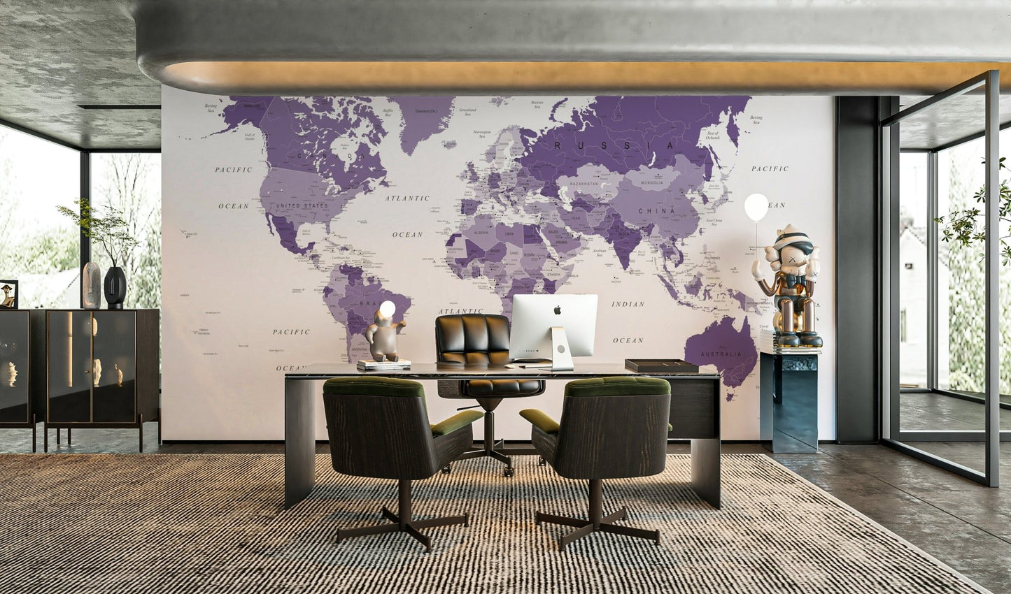 World map in purple tones wall mural