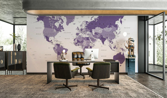 World map in purple tones wall mural GD445