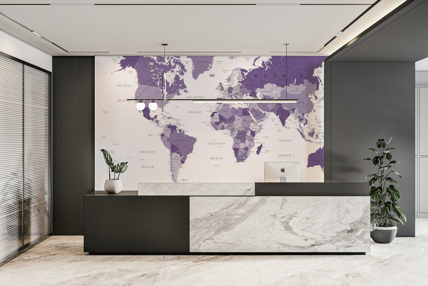 Bold purple world map for living room
