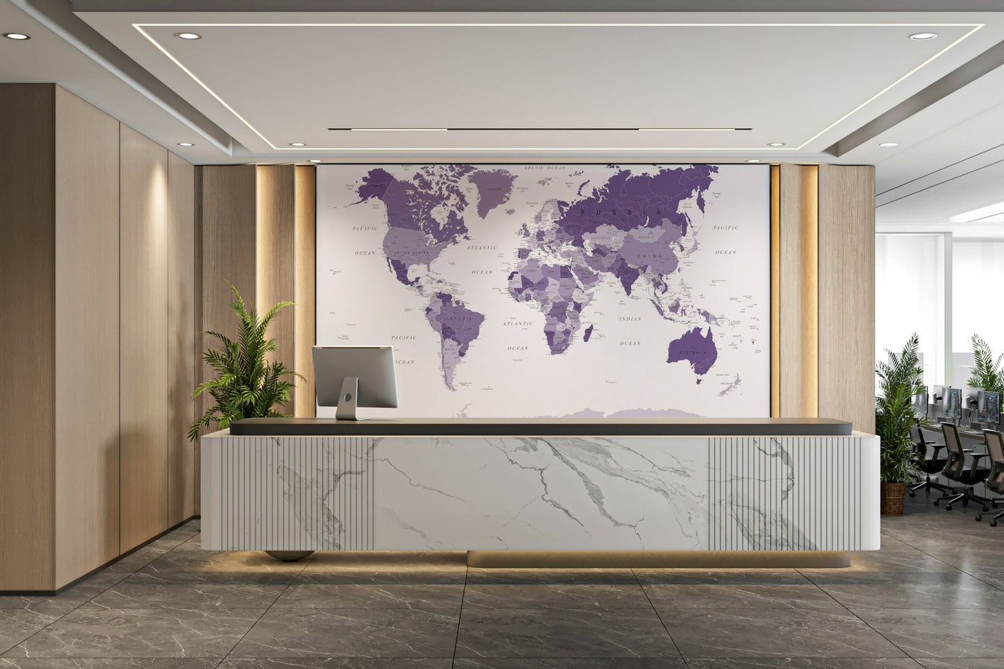 Modern world map purple wall mural