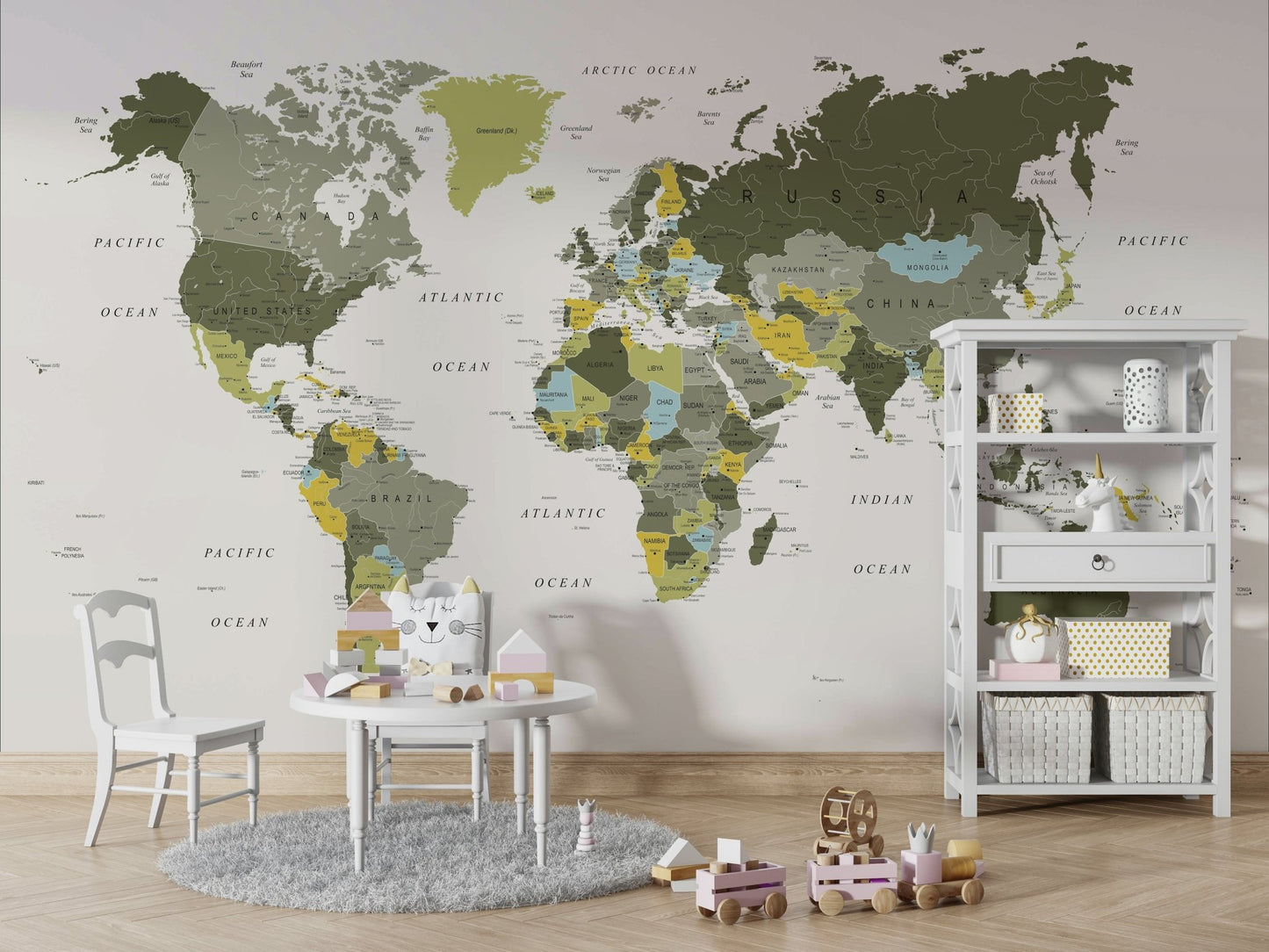 Khaki world map mural for modern decor

