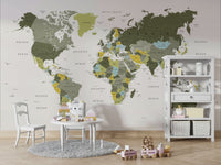 Khaki world map mural for modern decor

