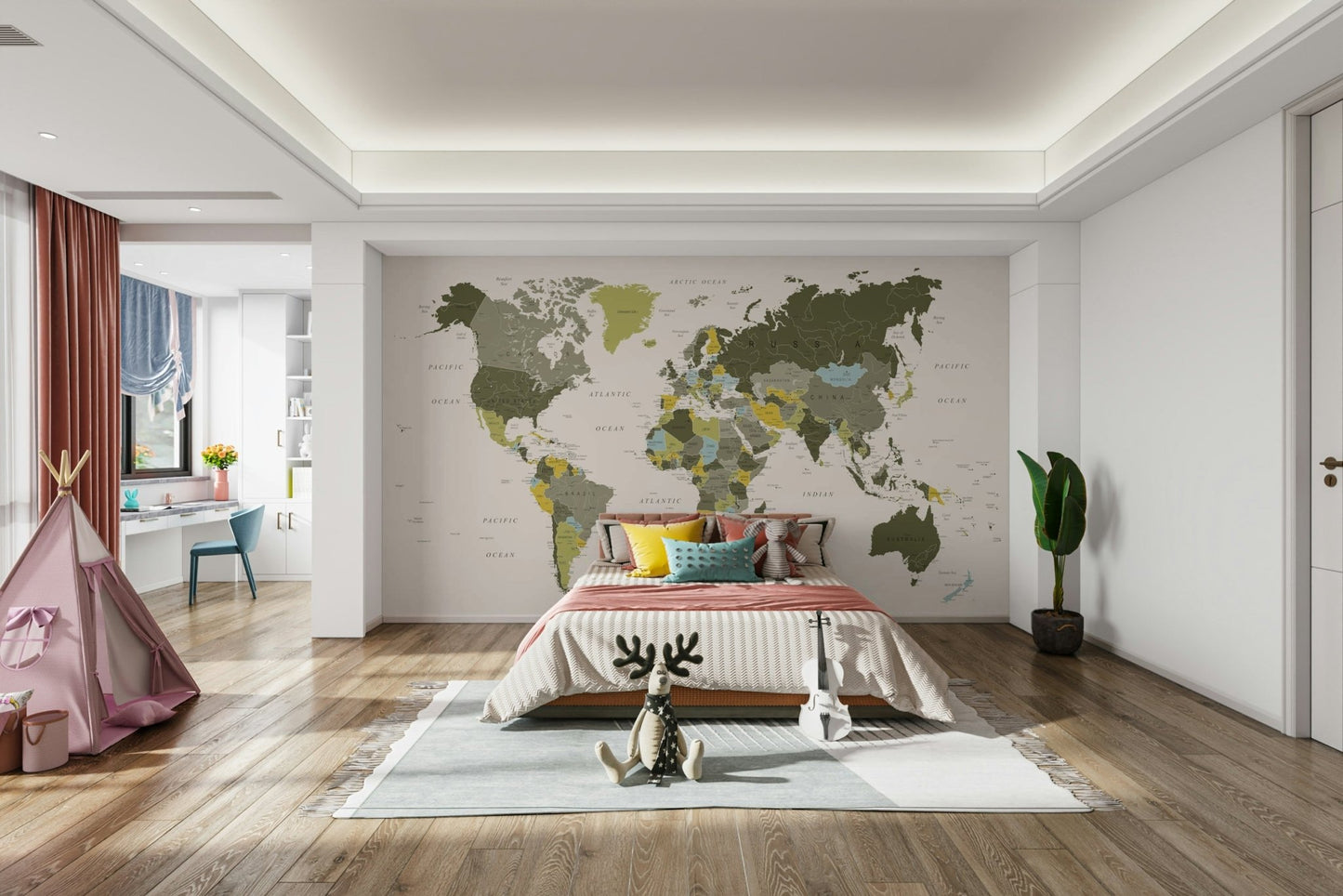 Khaki green themed world map wall art