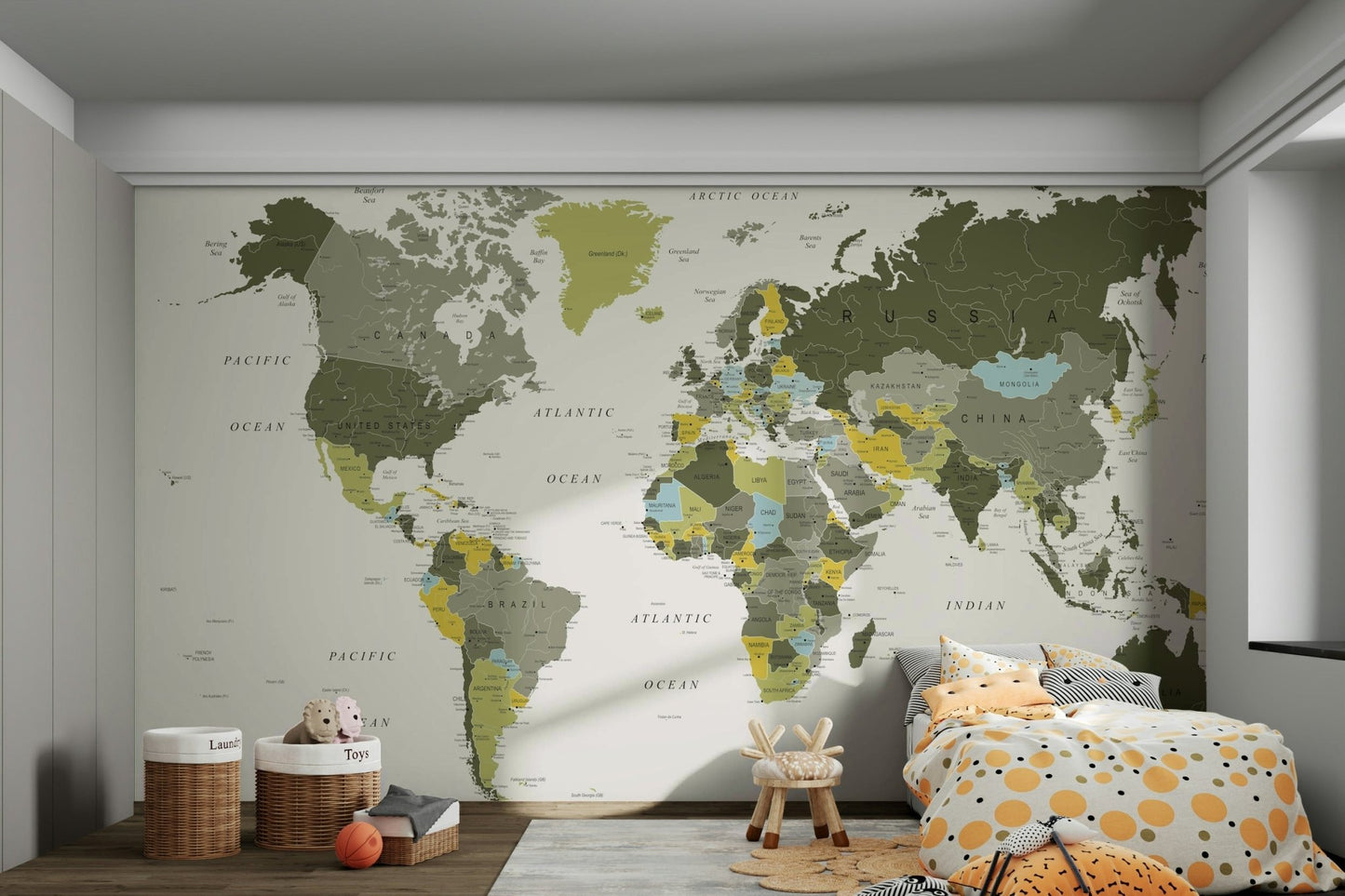 World map with khaki and green accents

