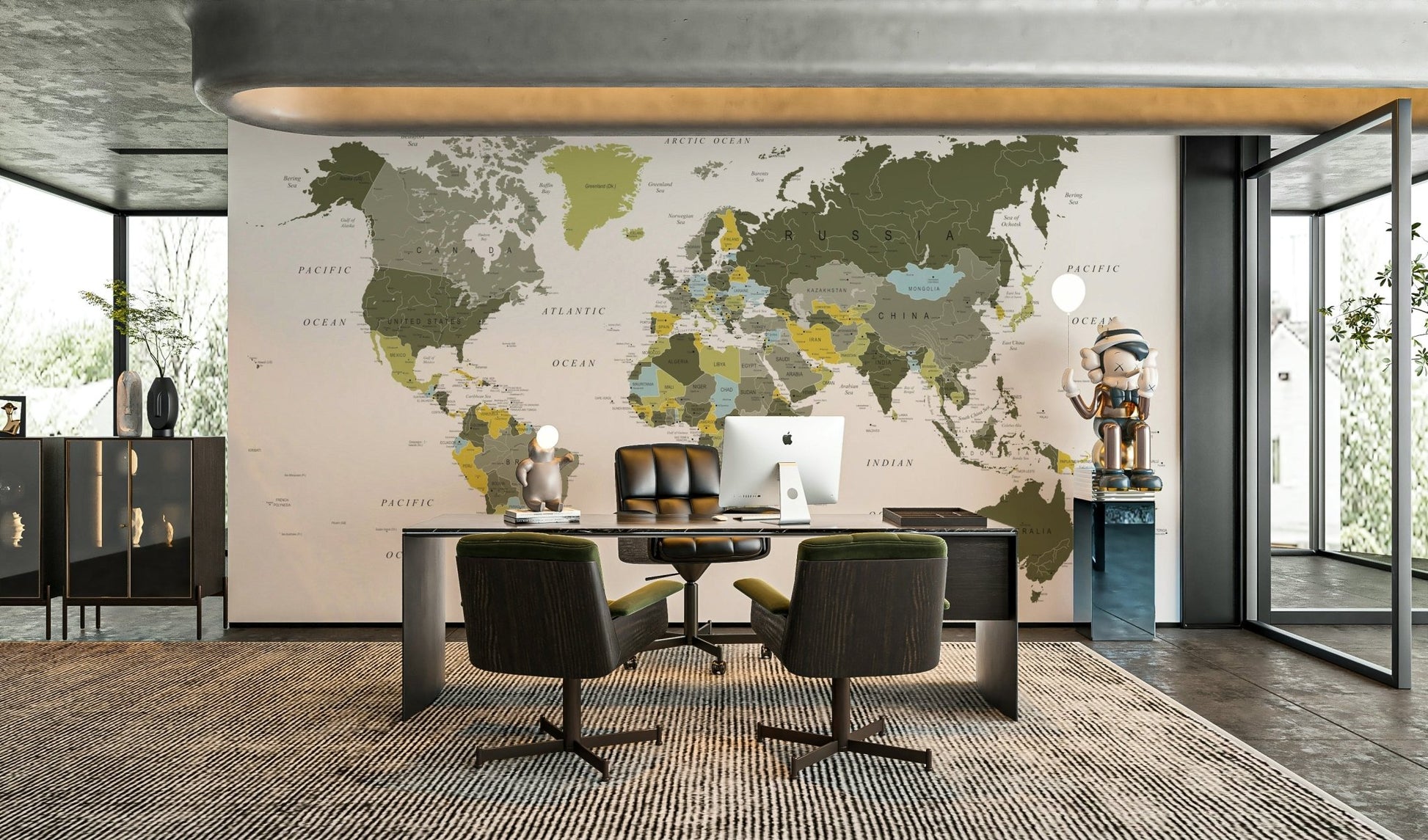 World map mural in khaki green tones

