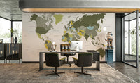 World map mural in khaki green tones

