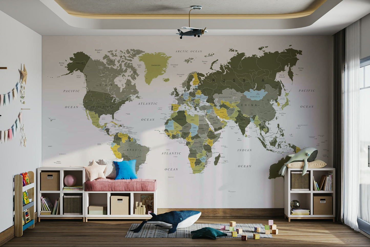 Khaki green world map with continents
