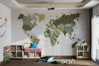 Khaki green world map with continents
