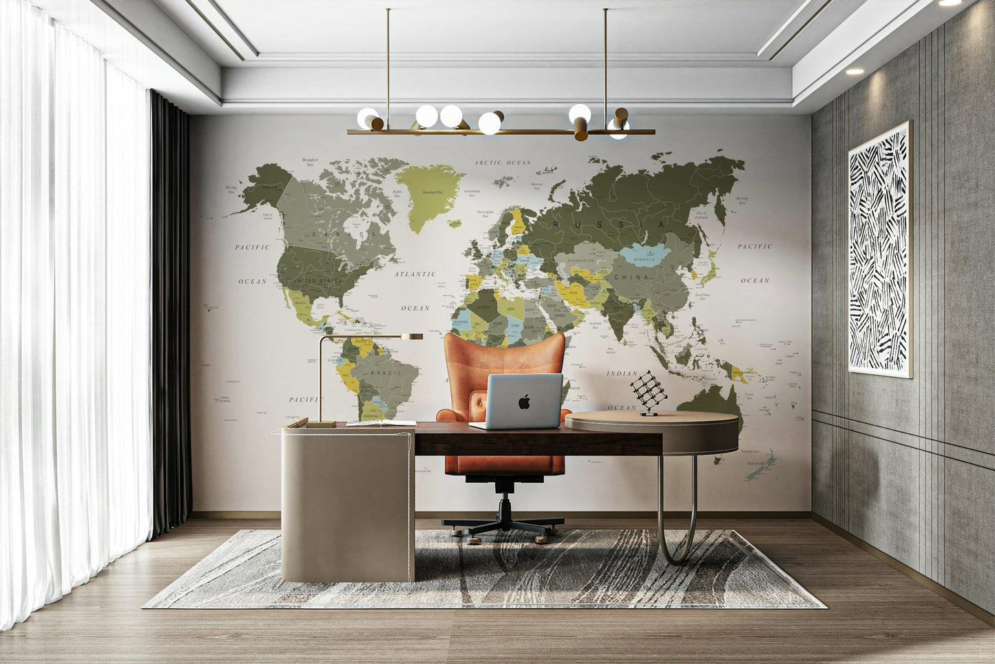 Khaki green world map wall mural

