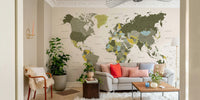 Global map mural in khaki and green hues

