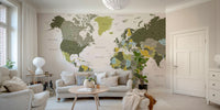 Detailed khaki green world map mural
