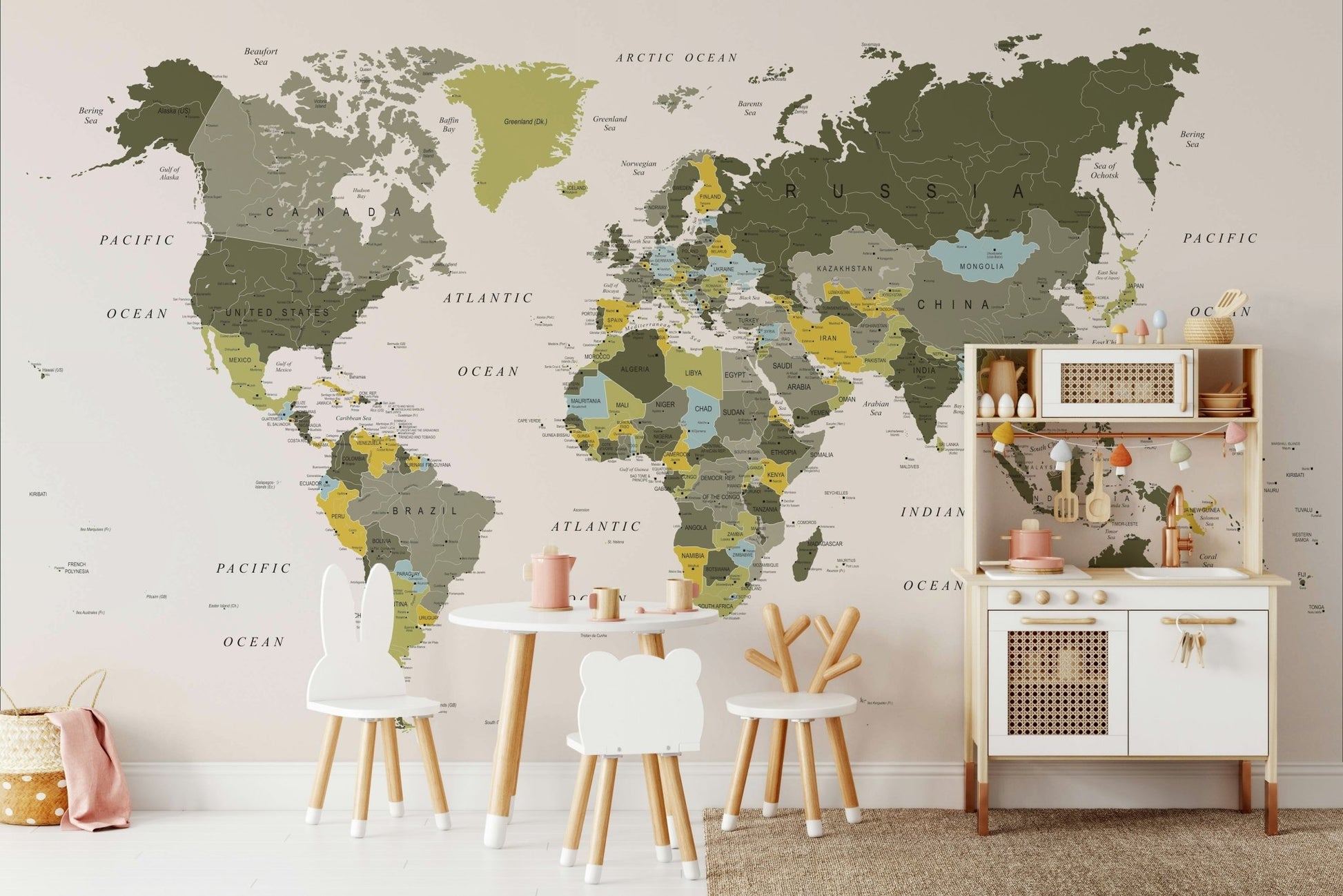 Vintage khaki green world map wall mural
