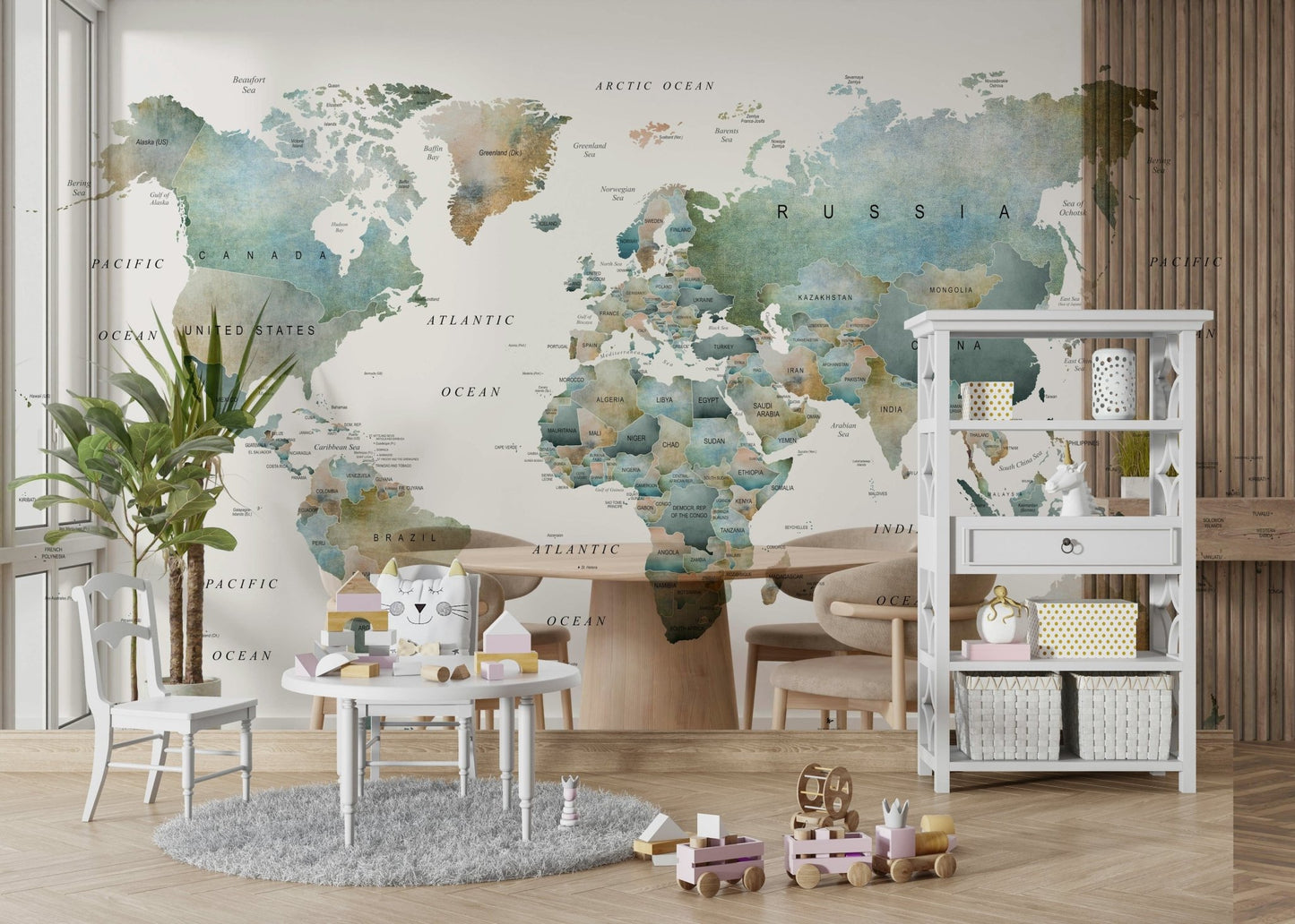 Elegant world map mural in neutral tones
 GD063
