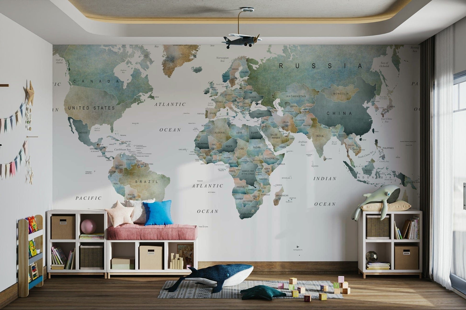 Neutral tone world map wallpaper for office GD063

