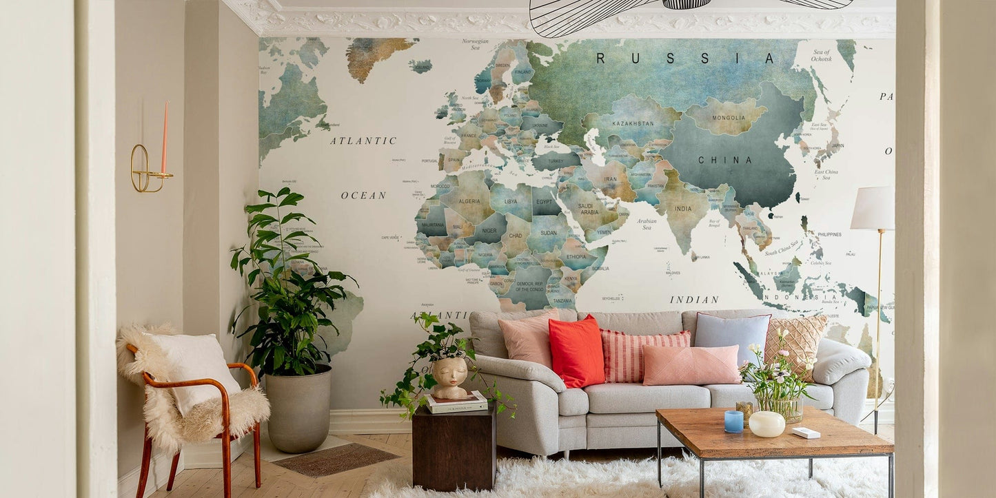 Calm colour world map wallpaper for home GD063
