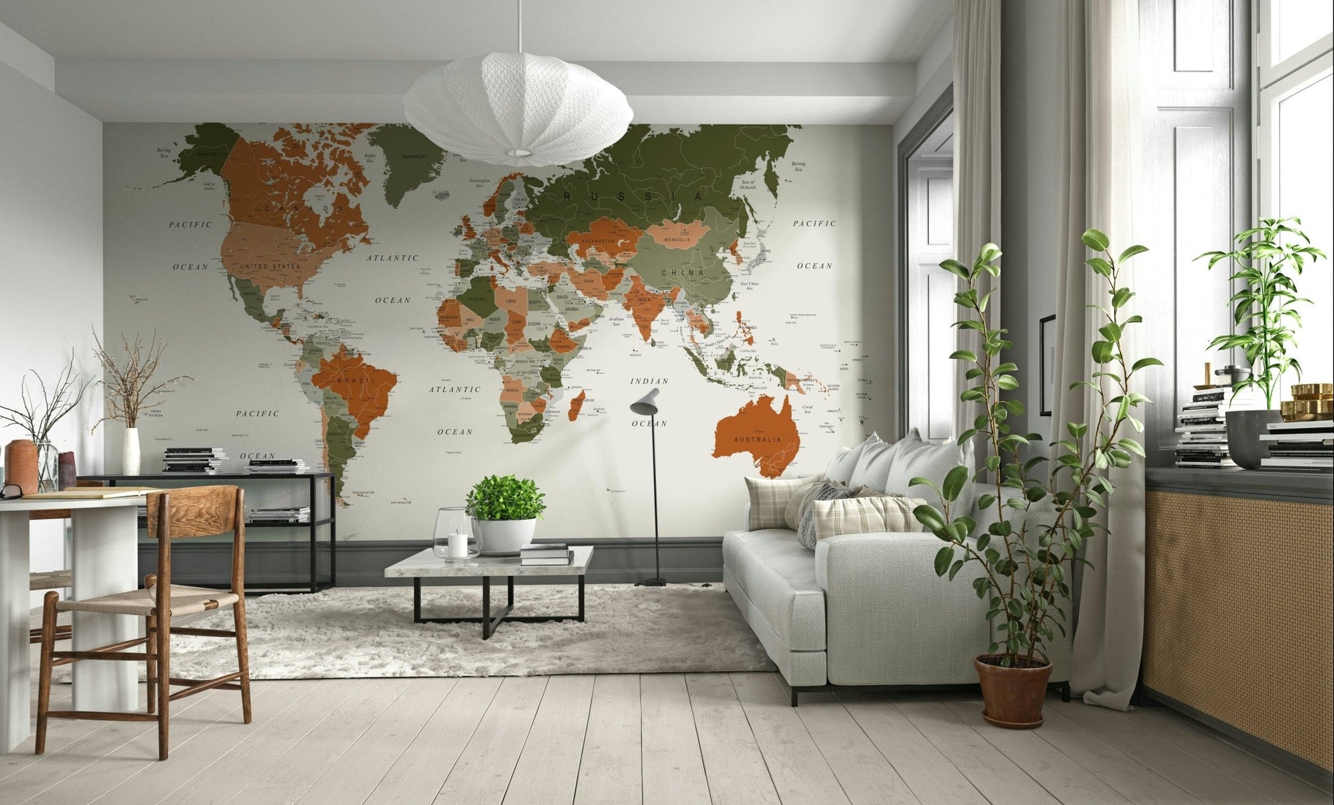 Elegant olive green world map mural
