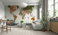 Elegant olive green world map mural

