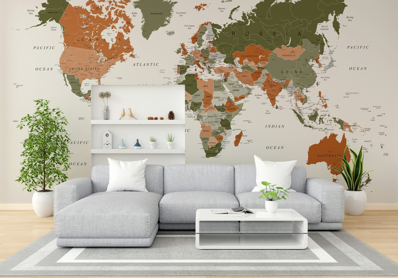 Olive green world map mural for walls

