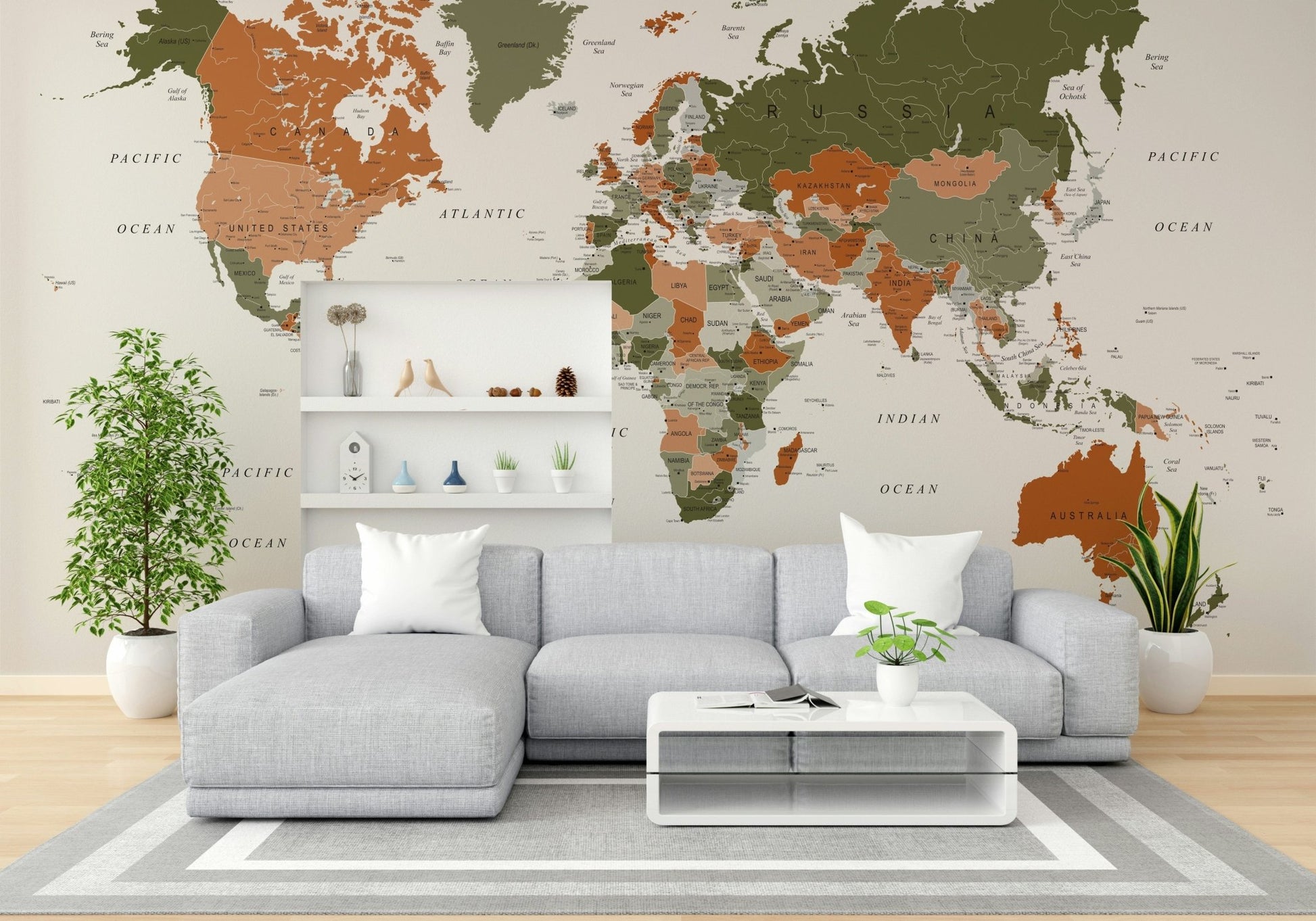 Olive green world map mural for walls

