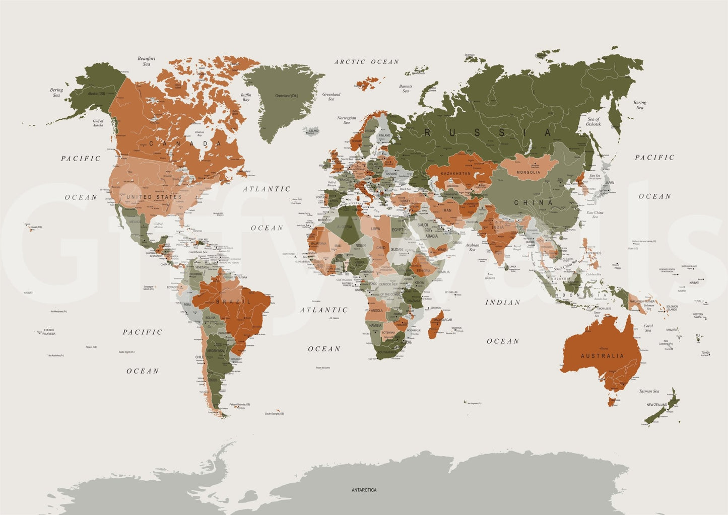 Olive green world map for office walls

