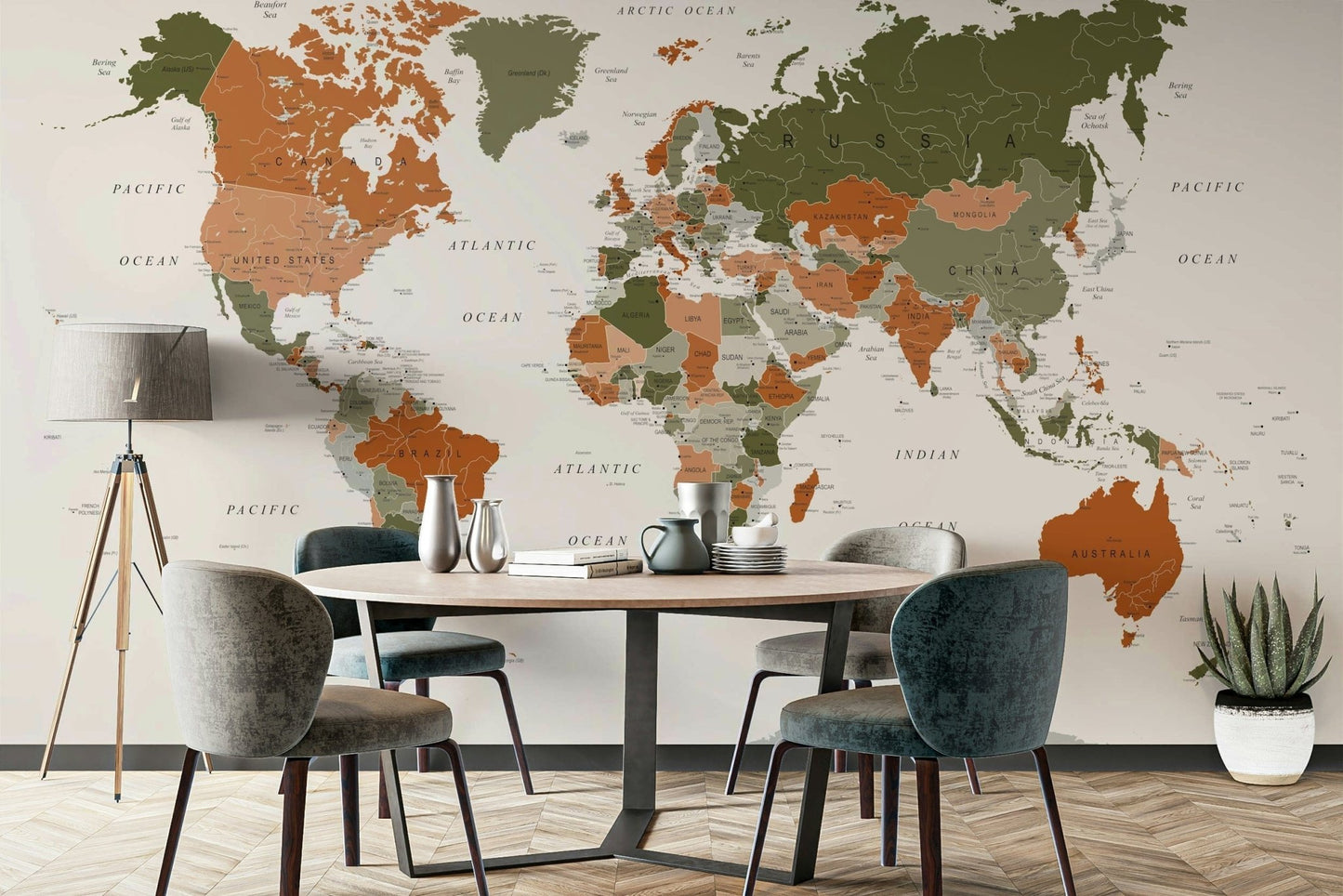 Stunning olive green world map mural

