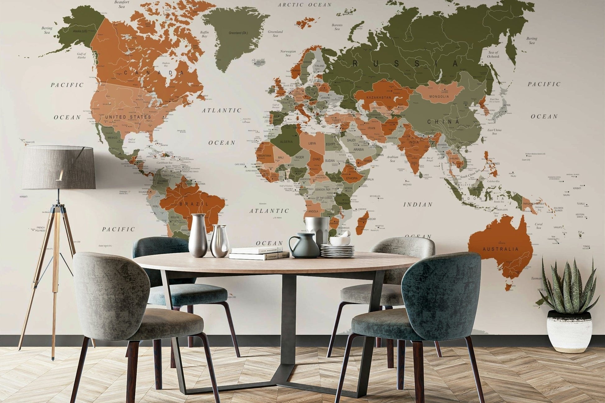Stunning olive green world map mural

