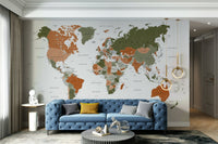 Olive green world map for home walls

