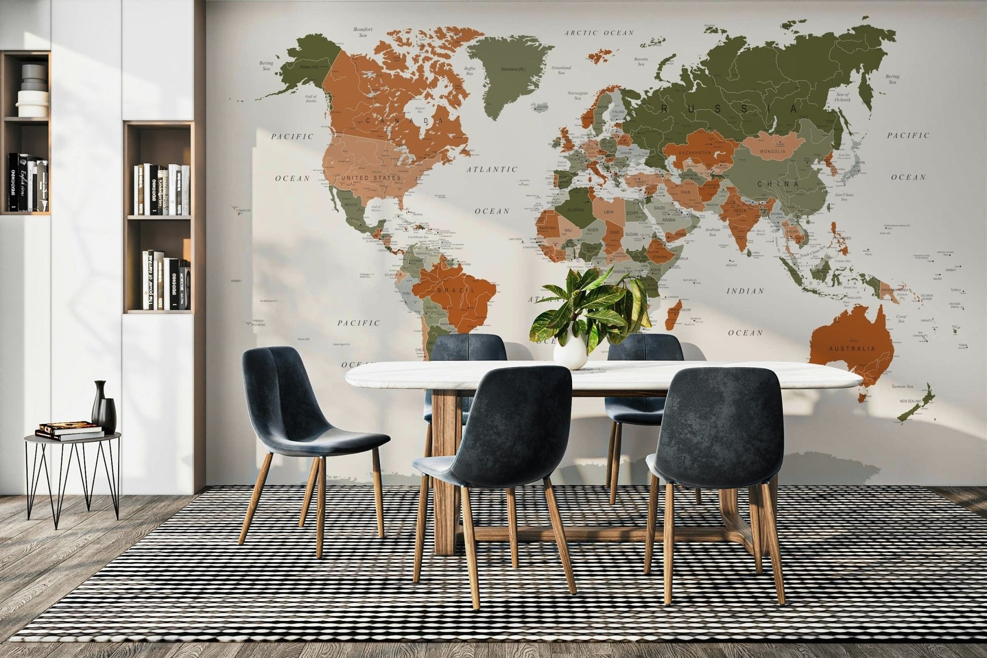 World map olive green wall art decor
