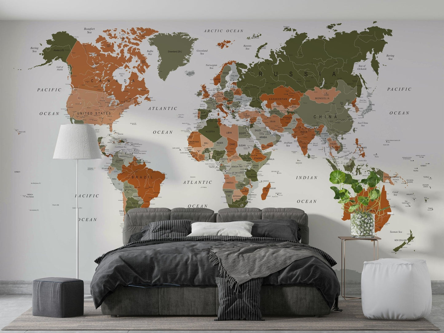 Decorative olive green world map mural
