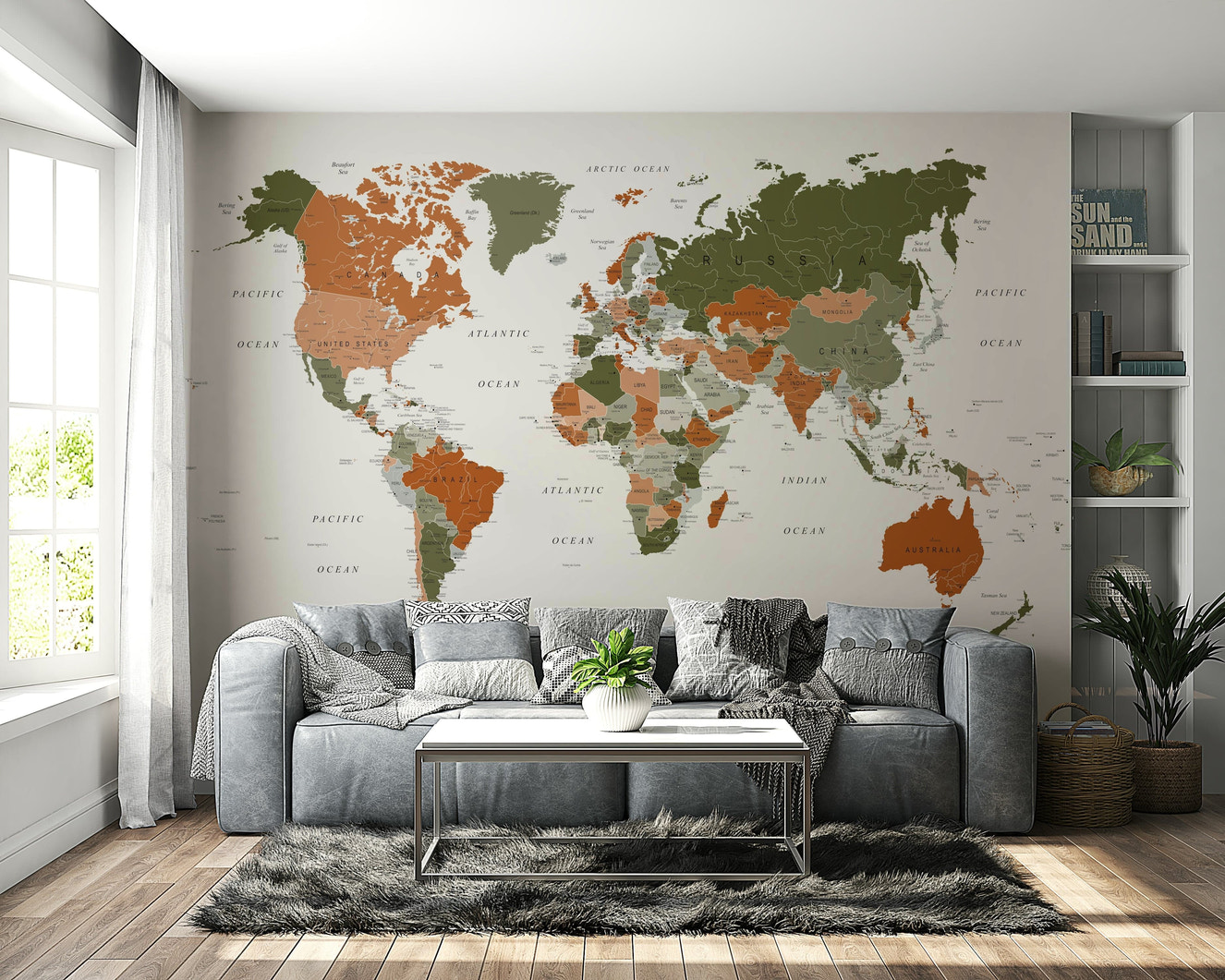 Detailed olive world map wall mural

