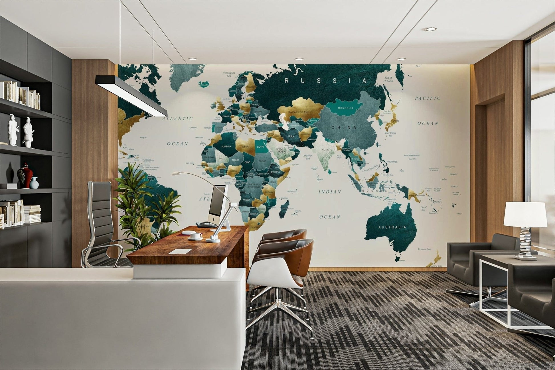 Beautiful teal and gold world map mural