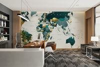 Beautiful teal and gold world map mural
