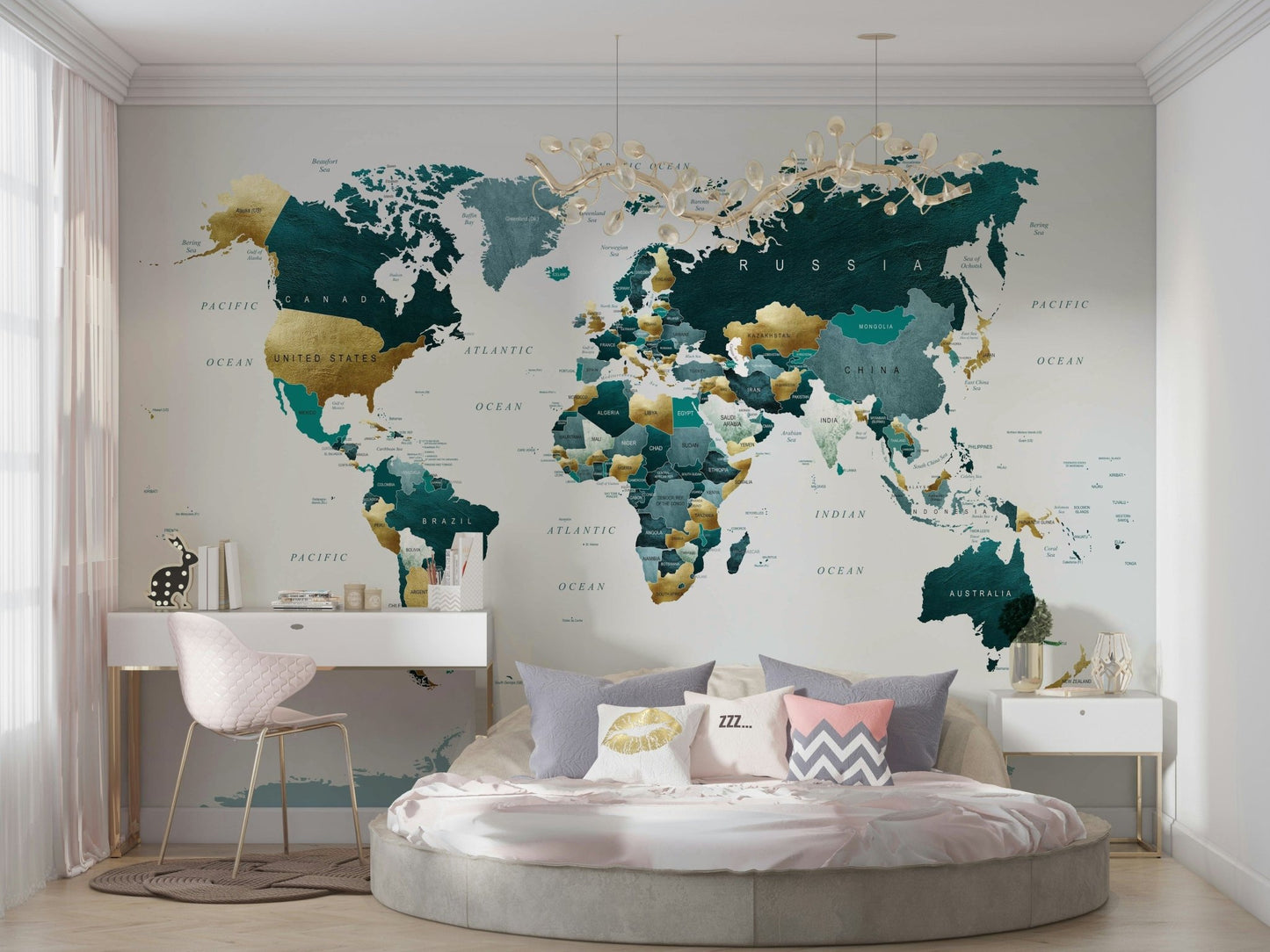 World map in teal gold colors wall mural