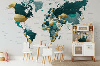 Stunning teal and gold map wall mural