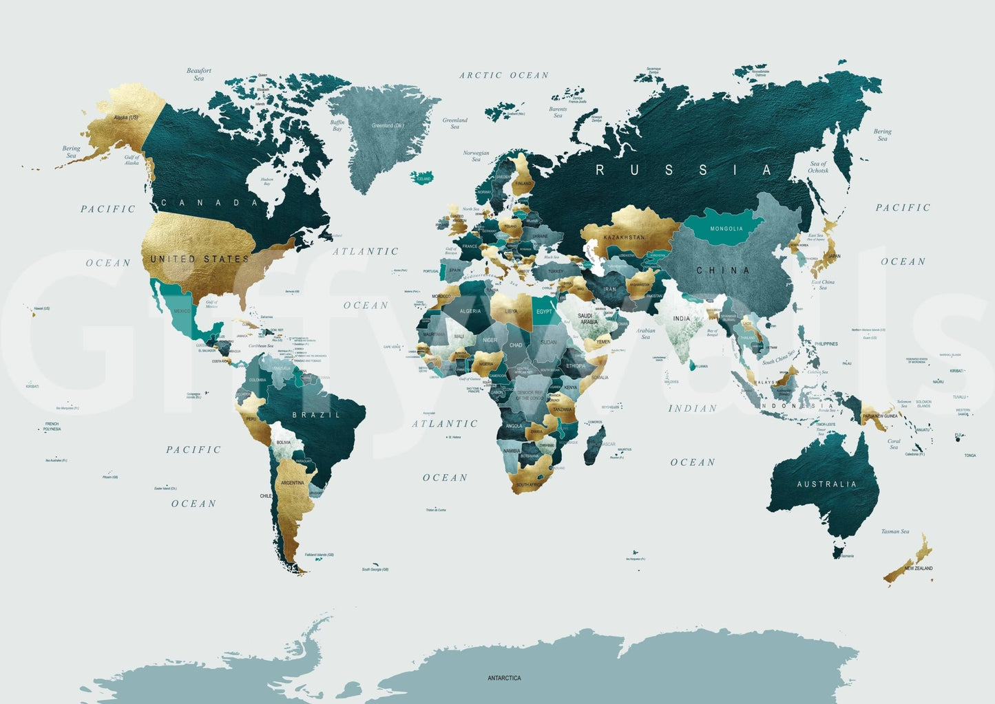 Sophisticated world map mural in teal gold