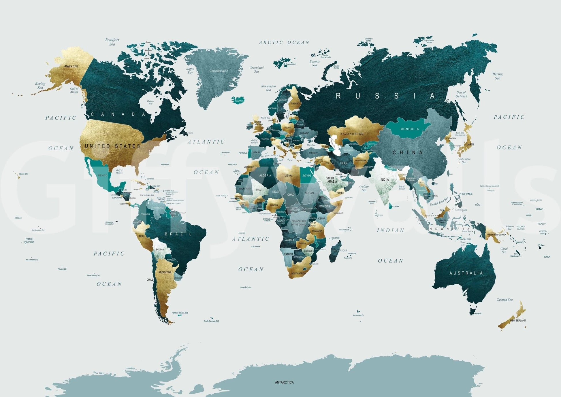 Sophisticated world map mural in teal gold