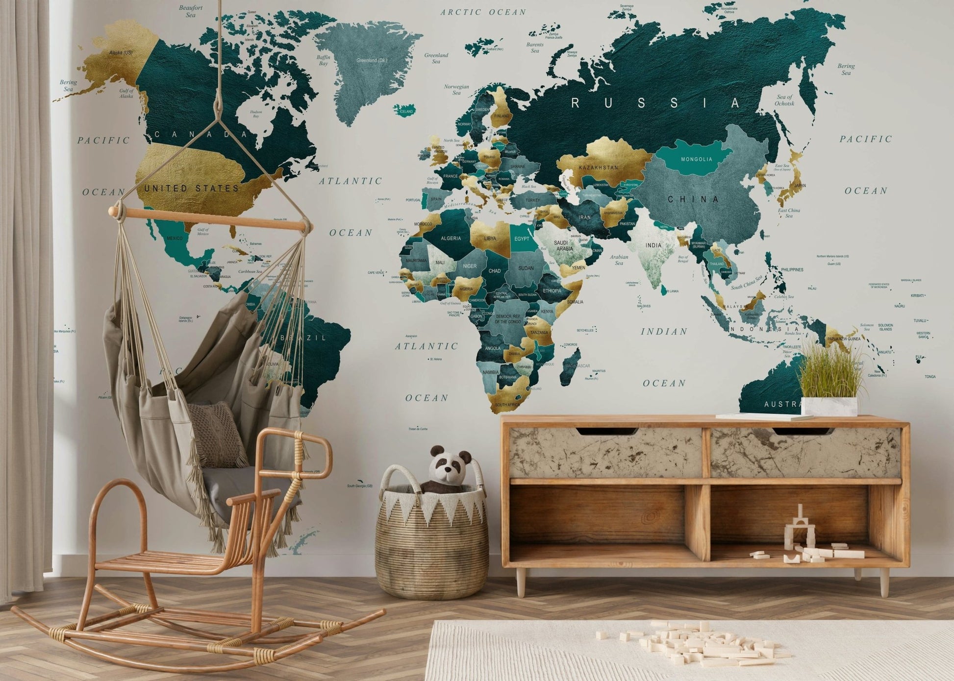 Teal and gold world map mural for walls

