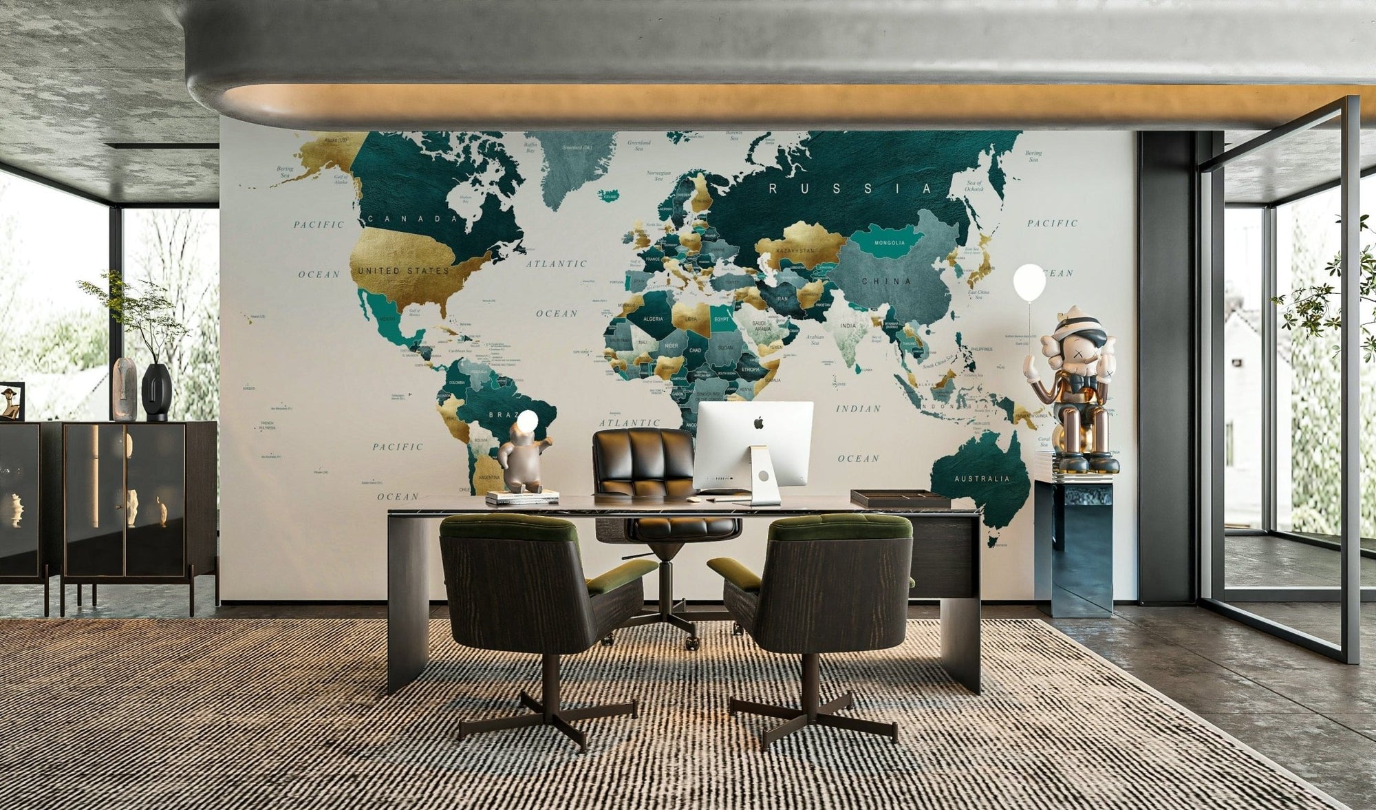 Teal gold world map wallpaper for rooms GD442